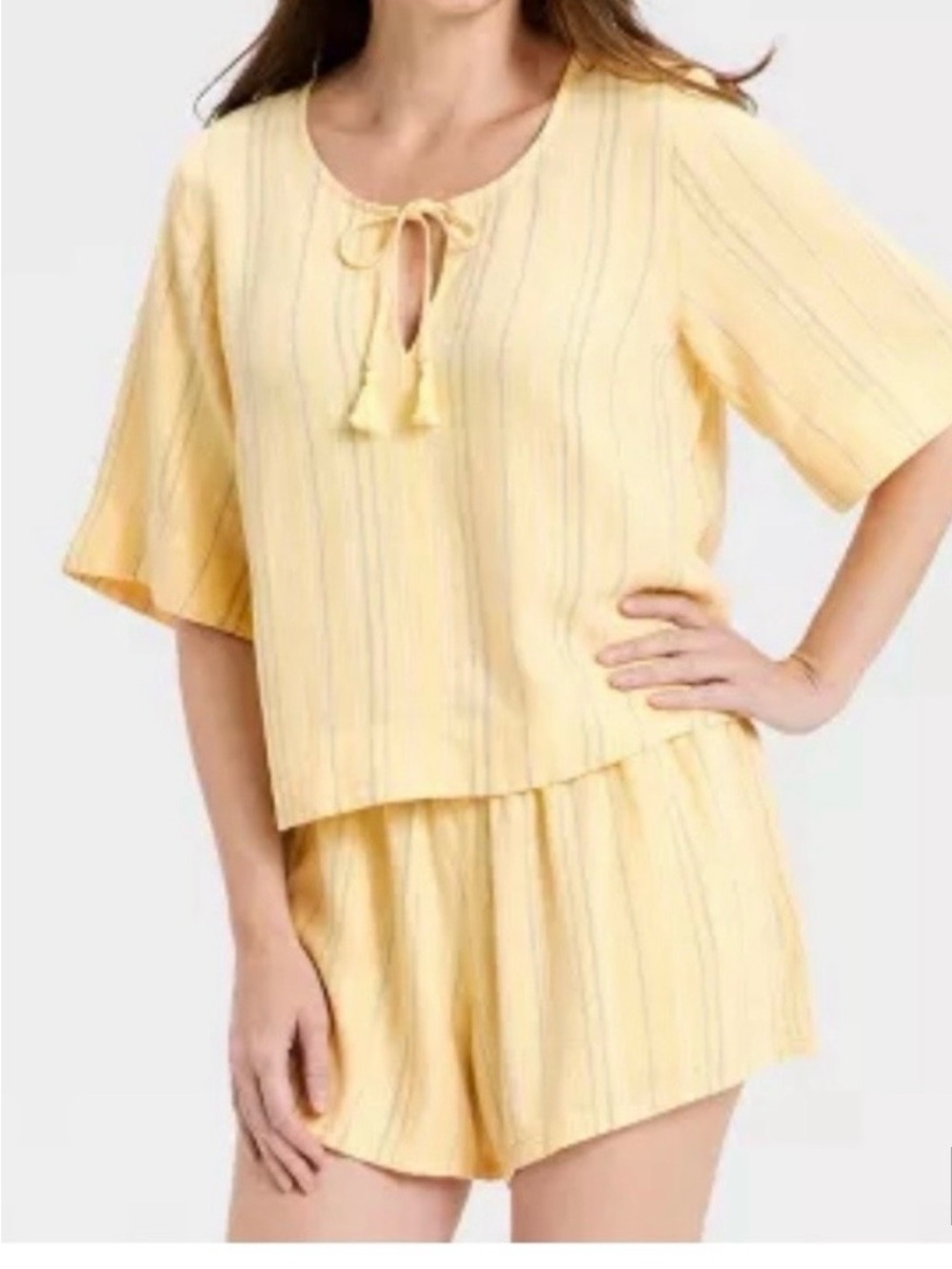 Yellow womens Split-Neck Lightweight Shirt with Tassel short  sleeve